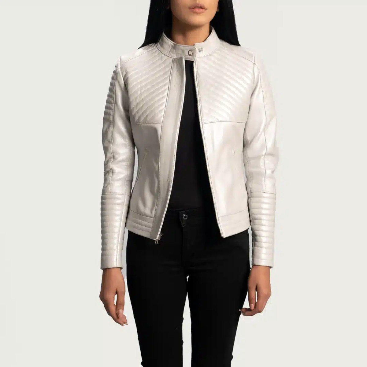 Ice Maiden Silver Quilted Leather Biker Jacket