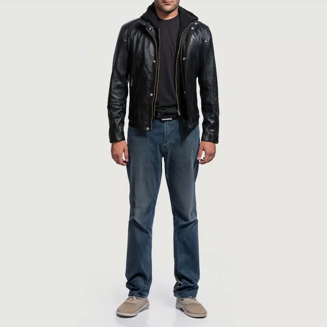 Highschool Black Hooded Leather Jacket - Image 2